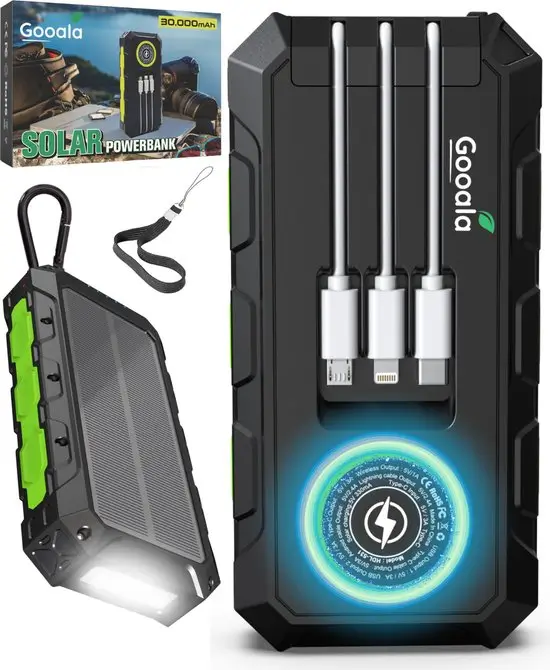 Gooala Solar Powerbank 30.000mAh, draadloos opladen, zaklamp, milieuvriendelijke oplader