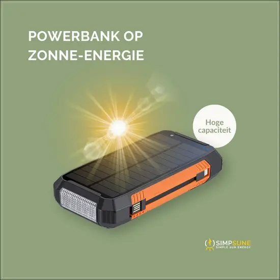 Simpsune Solar Powerbank 41.000mAh, draadloos opladen, waterdichte powerbank